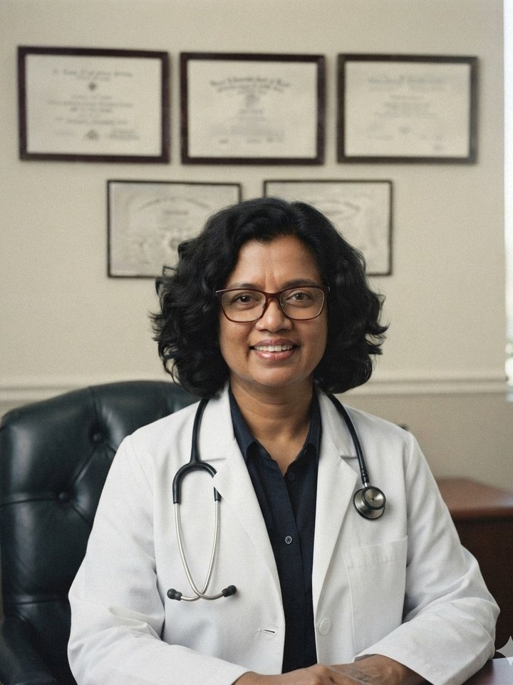 Dr. Sharmini Jayamaha, nephrologist, seated in her East End Nephrology office beneath her framed medical diplomas